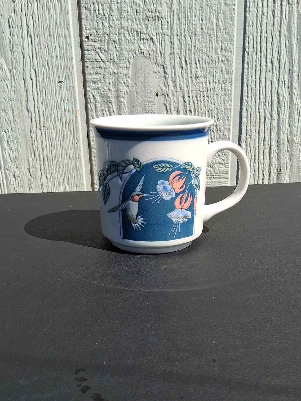 Otagiri White Ceramic Coffee Mug with Blue Panel and Hummingbird Floral Design